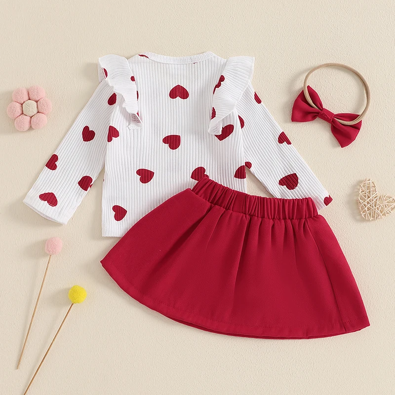 Baby Girls Outfits Set 3 Piece Valentines Day Clothes Heart Print Long Sleeve Ruffled Ribbed Tops and Bow Short Skirt Headband