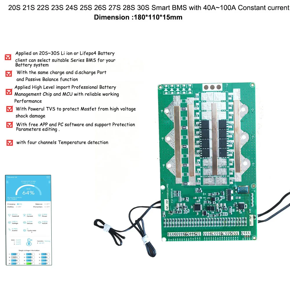 20S 21S 22S 23S 24S 25S 26S 27S 28S 29S 30S 60V 72V 84V 110V 126V Li ion or Lifepo4 Smart bluetooth BMS with 100A