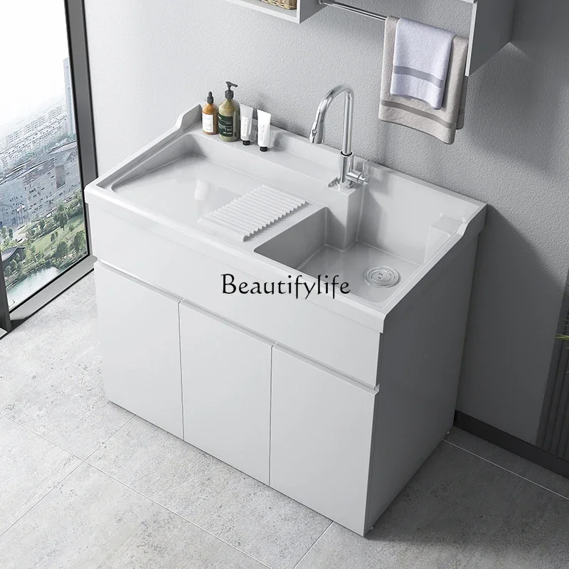 02-Stainless steel balcony laundry pool basin integrated with rubbing board household small apartment quartz stone