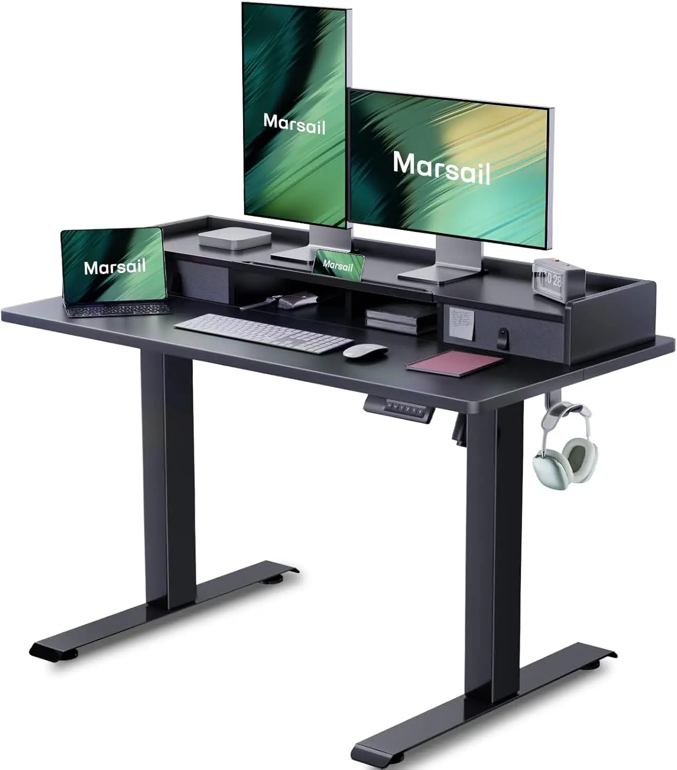 Marsail Electric Standing Desk with Double Drawers, 55x24 Inches Height Adjustable Desk with Storage Shelf,Sit Stand Desk with 4