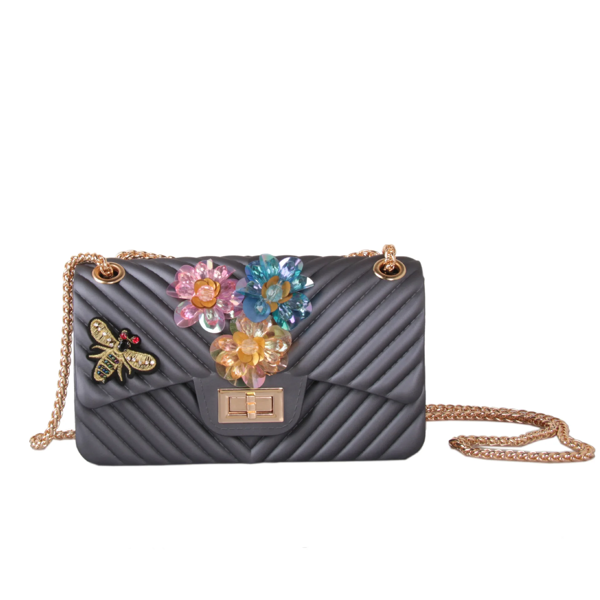 21.5x12.5CM Frosted Jelly Messenger Women Litchi Grain Silicone Shoulder Bag 3D Flower Chain Bag Large A7819