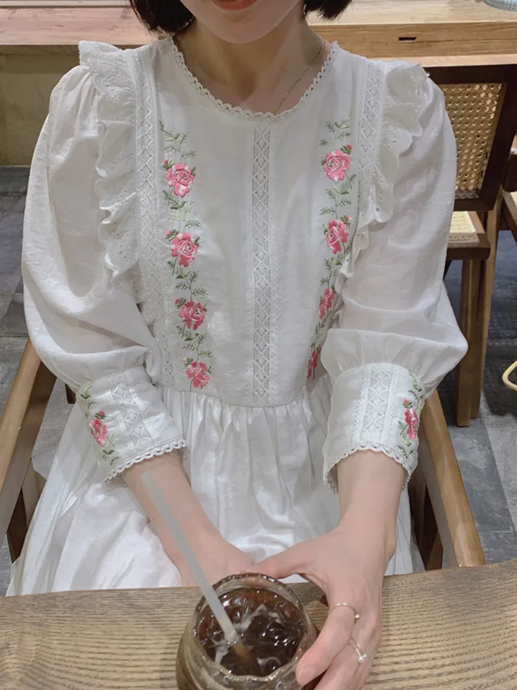 AIGYPTOS Spring Summer White Dress For Women Vintage Elegant Slim Lace Embroidery Long Dress Korean Fashion Holiday Dress Robe