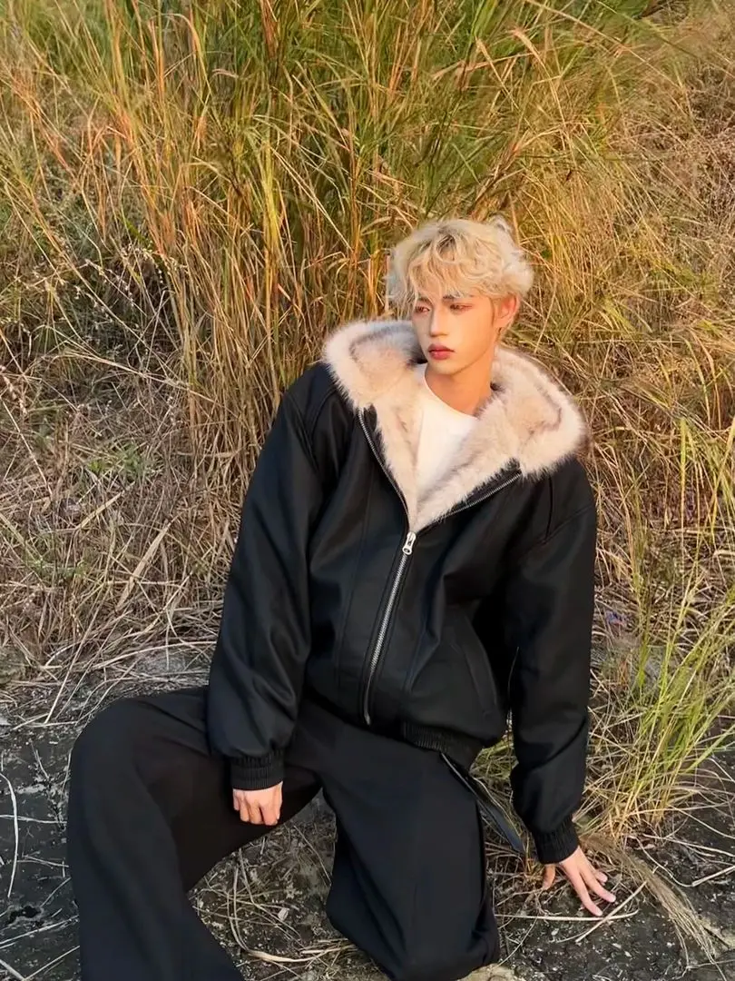 الشتاء 2000s الجمالية فو الفراء طوق سترات الرجعية الرجال Y2k زمم مقنعين ثقافة فرعية Harajuku خمر معاطف بلوزات #3