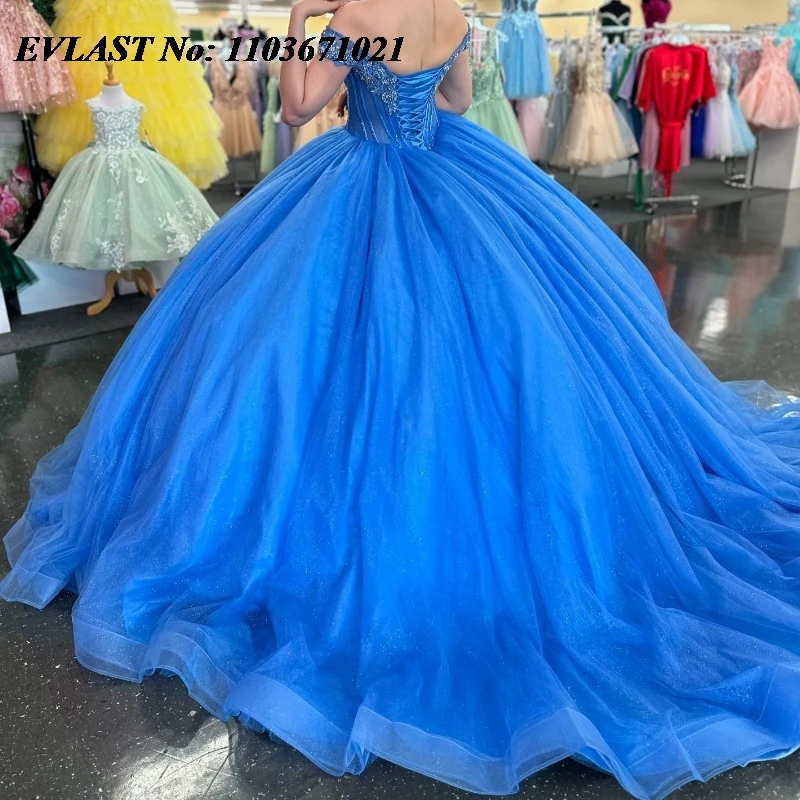 فستان Quinceanera أزرق لامع ، زين تول ، كريستال مطرز ، مشد مكسيكي ، فستان كرة 16 حلو ، 608 ، 16