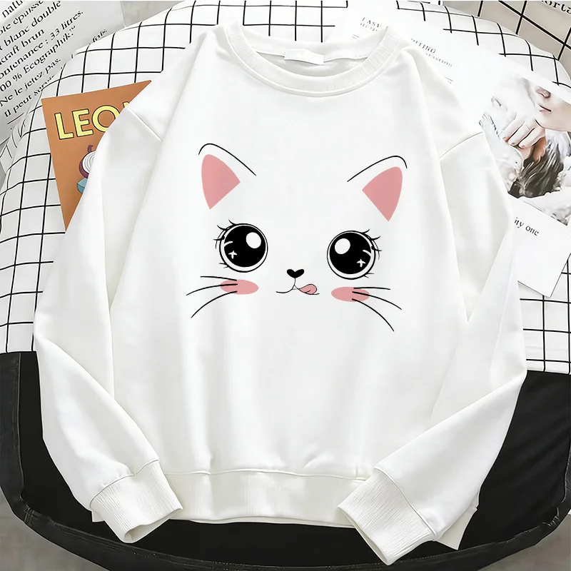 

Забавные женские худи с мемами котиков в стиле кавай, однотонные, теплые флисовые толстовки, мягкие пуловеры Y2K с круглым вырезом, повседневная женская одежда