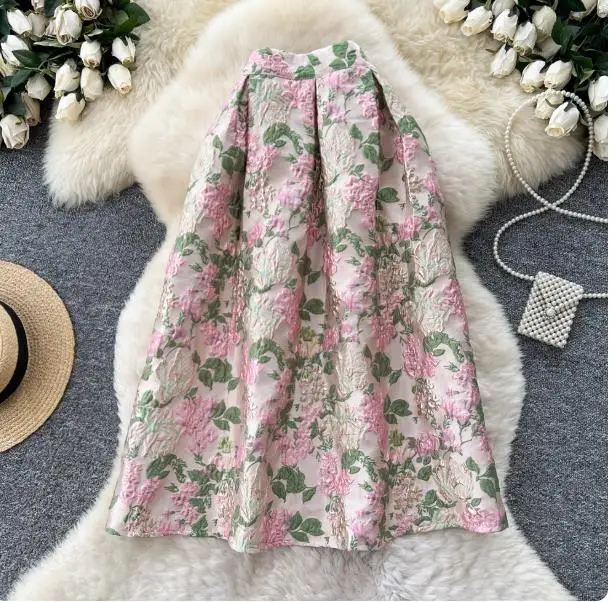 

French Vintage Floral Puff Skirt High Waist A Line Midi Skirts Summer Women