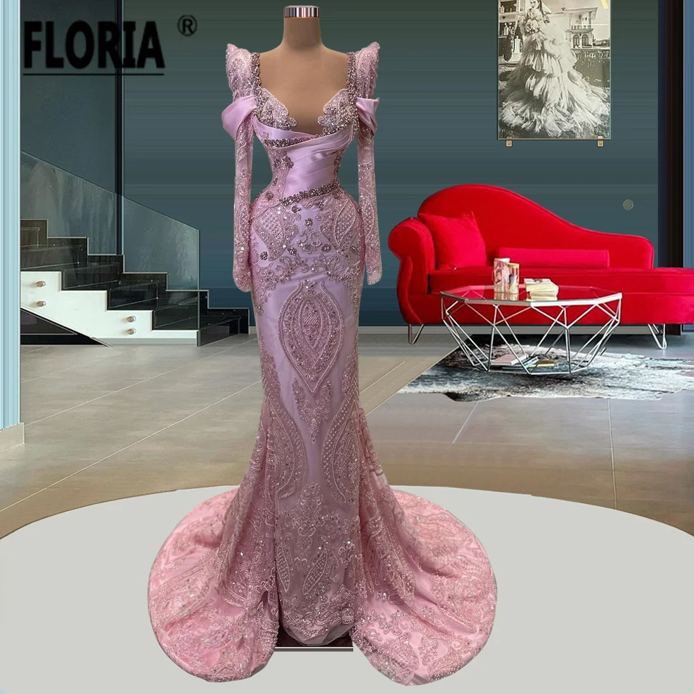 Elegant Princess Pink Beadings Formal Occasion Dresses Dubai Long Sleeves Appliques Lace Rhinestones Wedding Party Gowns 2023