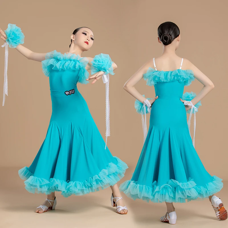 2025 Girls Strap Lace Big Swing Fishbone Dress Ballroom Dance Competition Clothing Waltz Modern Performance Costumes DN22530