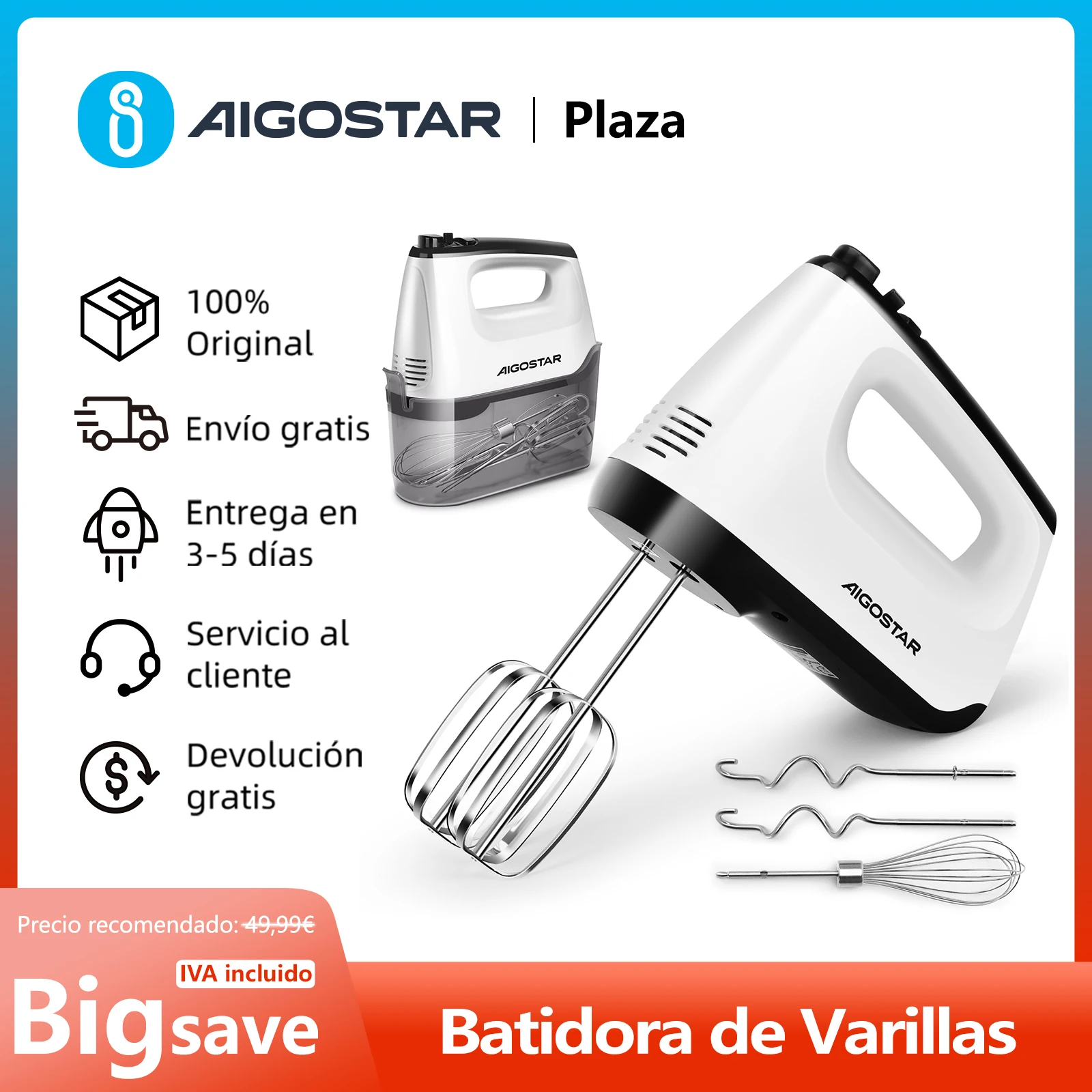 Batidora de Varillas, 6 Velocidades, 2 Batidores de Varillas, 2 Ganchos de Amasado, 1 Batidor, Caja de Almacenamiento, 400 W