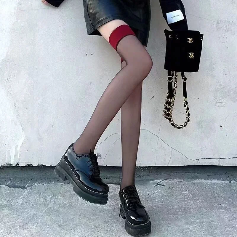 Sexy Red Edge New Over The Knee Long Socks Gothic Lace Transparent Thigh High Stockings Women Punk JK Thin Silk Solid Hosiery