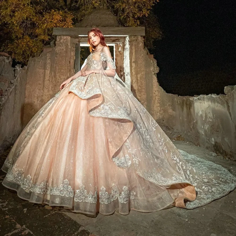 Vestidos de quinceañera champán Charro, vestido de baile sin hombros, encaje de tul mexicano dulce 16, 15 años