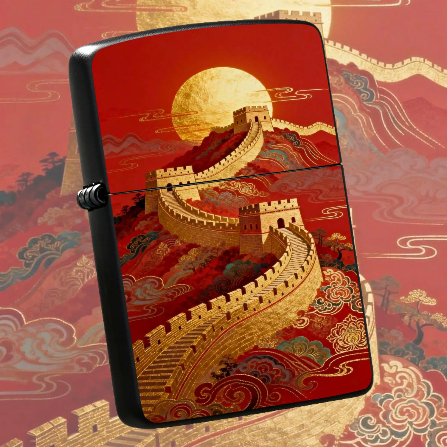 Exquisite Lighter With Gilded Great Wall Full Moon National Chic Theme, Festive Red Tone With Traditional Auspicious Patterns, Suitable For Daily, Travel, Outdoor And All Scenarios, Durable Portable Nice Item For Personal Use Or Gifting, Sh