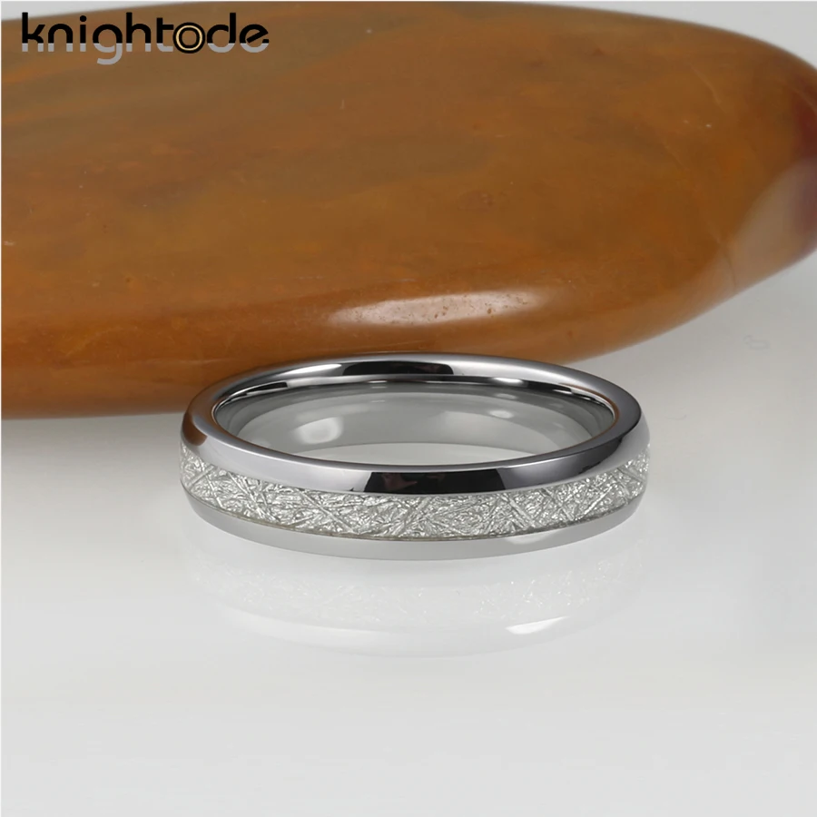 4mm Tungsten Carbide Rings White Meteorite Inlay Fashion Wedding Band Engagement Jewelry Dome Polished Finish Comfort Fit