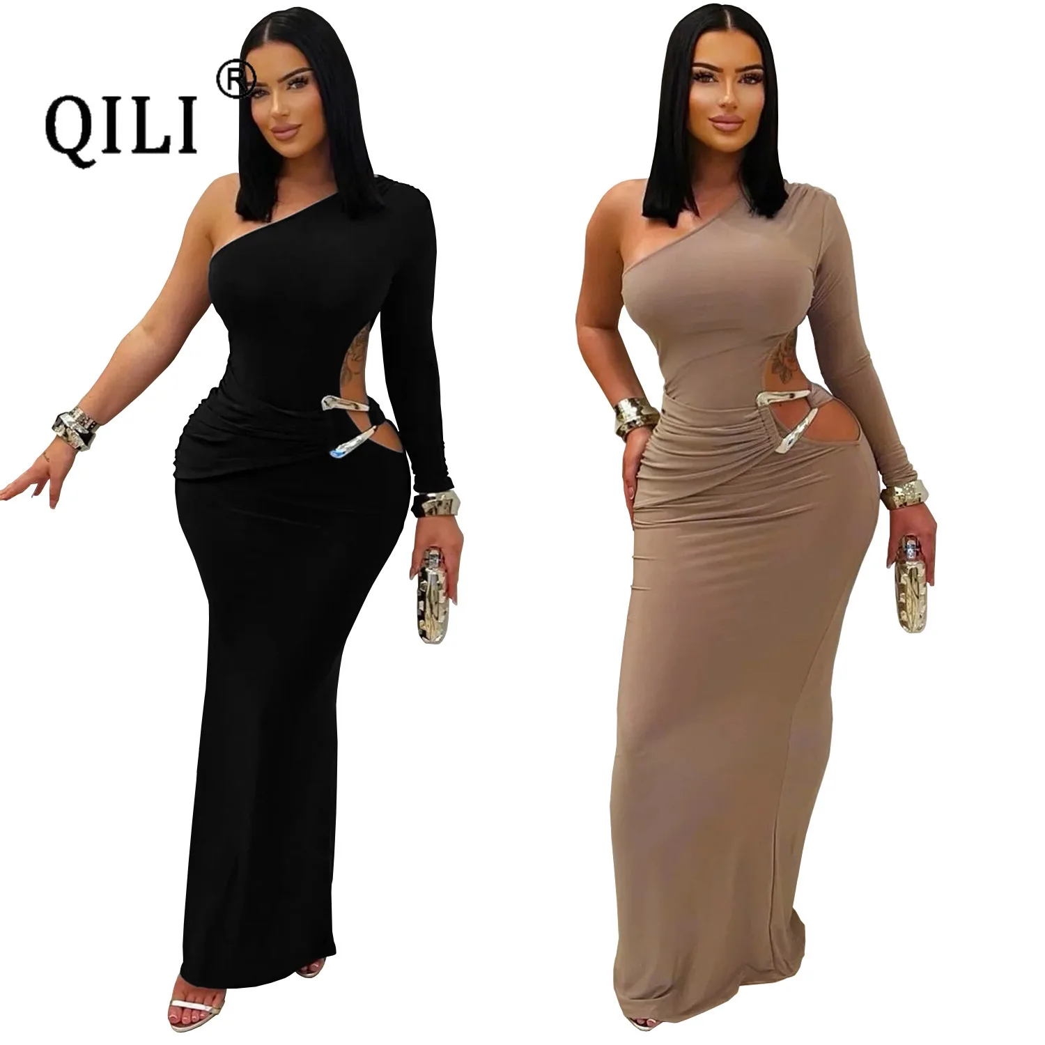 فستان QILI بكتف واحد وأكمام طويلة للنساء، فساتين سيدة سوداء مثيرة
