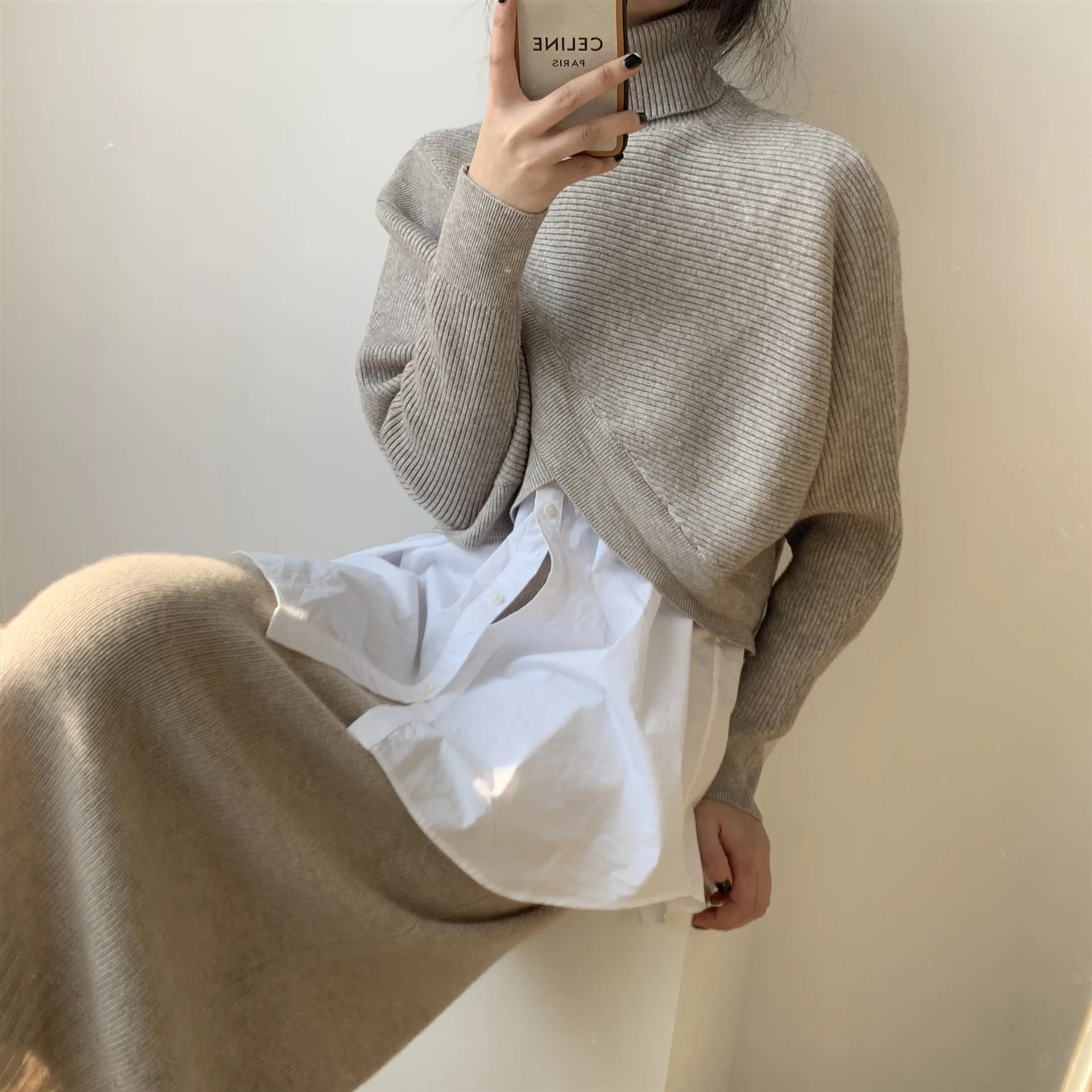 Autumn Winter Turtlenecks Sweater Women Irregular Design Knitwear Commuting Knitted Tops Fashion Solid Color Pullover Sweaters