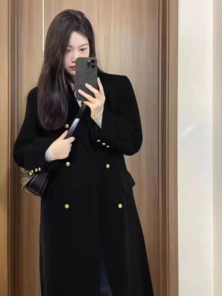 Women's Black Woolen Coat with Cotton Thickening Over the Knee Loose Slimming Woolen Coat for Autumn and Winter Small Stature