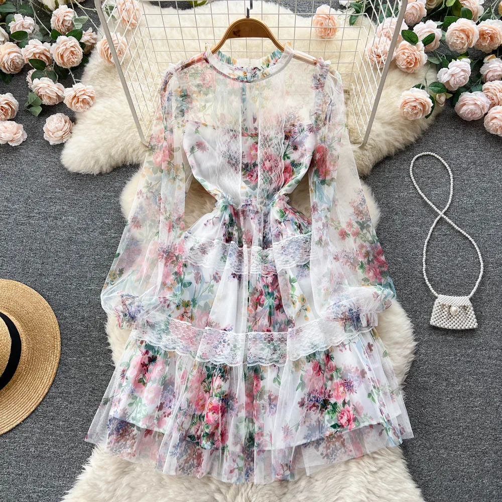 

French Sweet Printing Popular Lantern Long Sleeve Autumn Clothing Dress Women's Korean Style Waist Lace Mid-Length Skirt