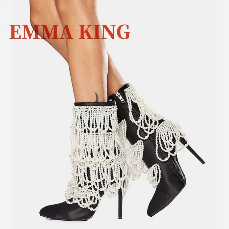 لؤلؤة خنجر الساتان Bootie أحذية فاخرة أنيقة أشار تو عالية الكعب الجانب البريدي سيدة منتصف العجل التمهيد 2025 جديد فستان الحفلات الأحذية