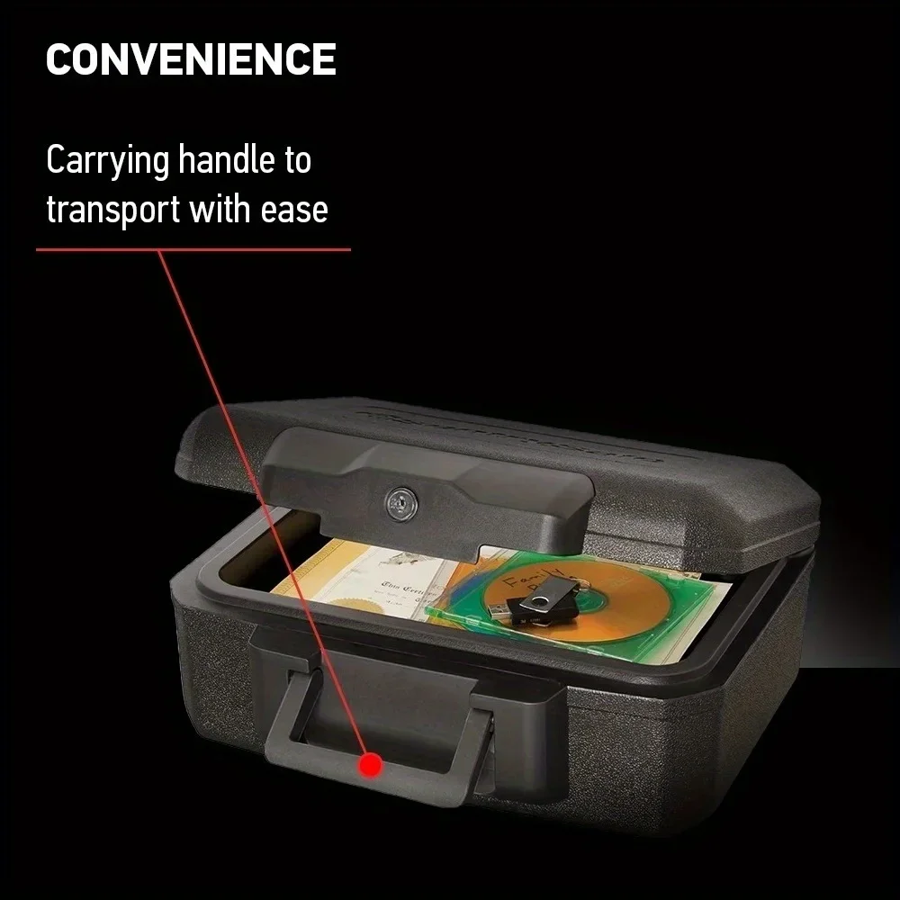 Fireproof safe, key lock, 0.18 cubic feet, black, flat key lock to prevent lid from opening in case of fire; includes 2 keys