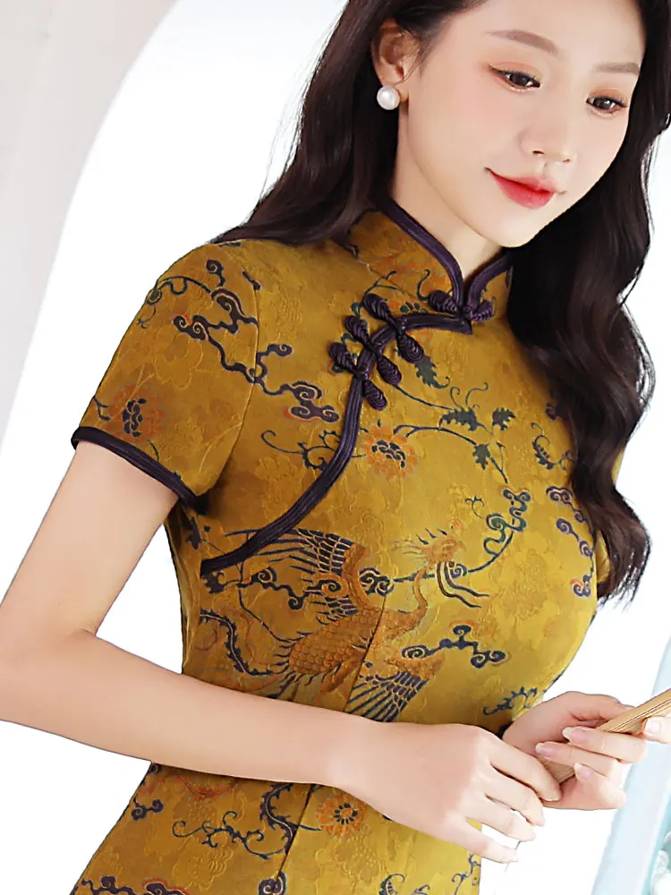 

Шелковое вечернее платье ручной работы класса люкс, винтажное, с длинными рукавами, для женщин, цвет — ярко-желтый, подходит для банкета