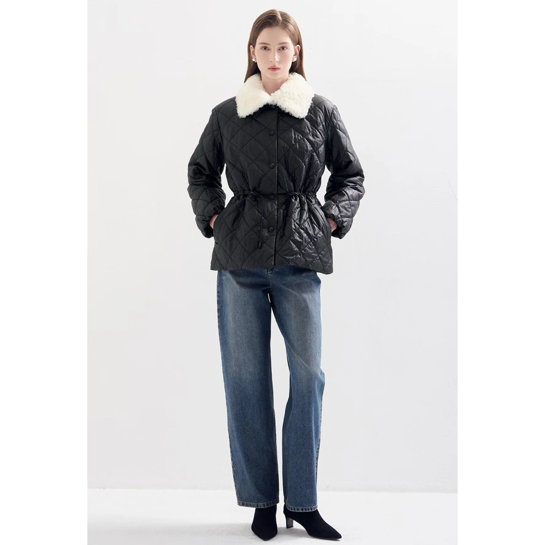 

Warm Cotton Jaet Outerwear with Waist Cinching Collar Stand Padded Quilted id Pattern Slimming Design for Women