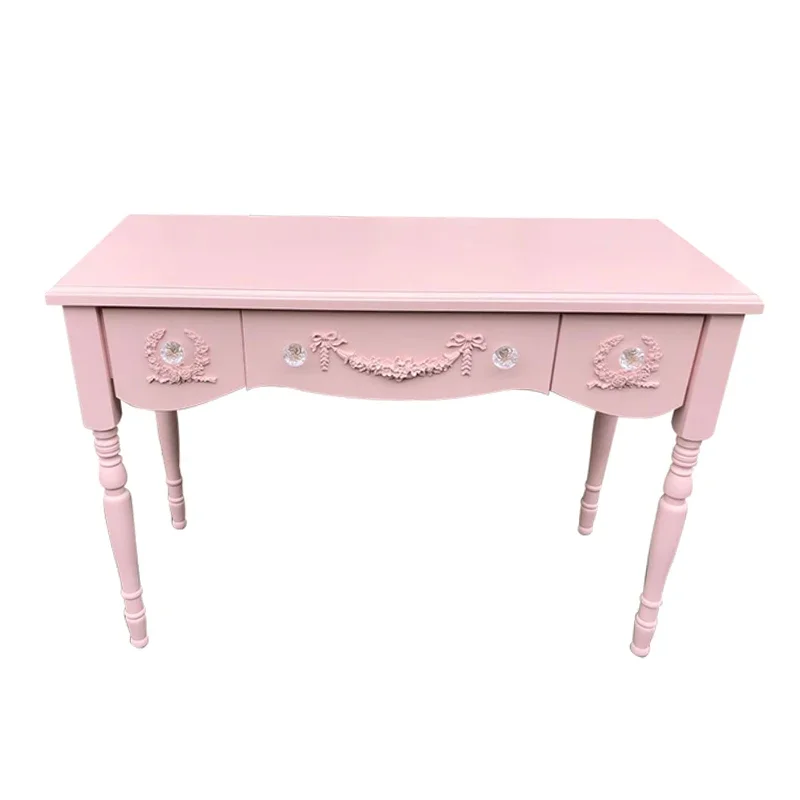 Carved solid wood princess makeup table French dressing table Korean dressing table Girl heart bow makeup tabl Desk