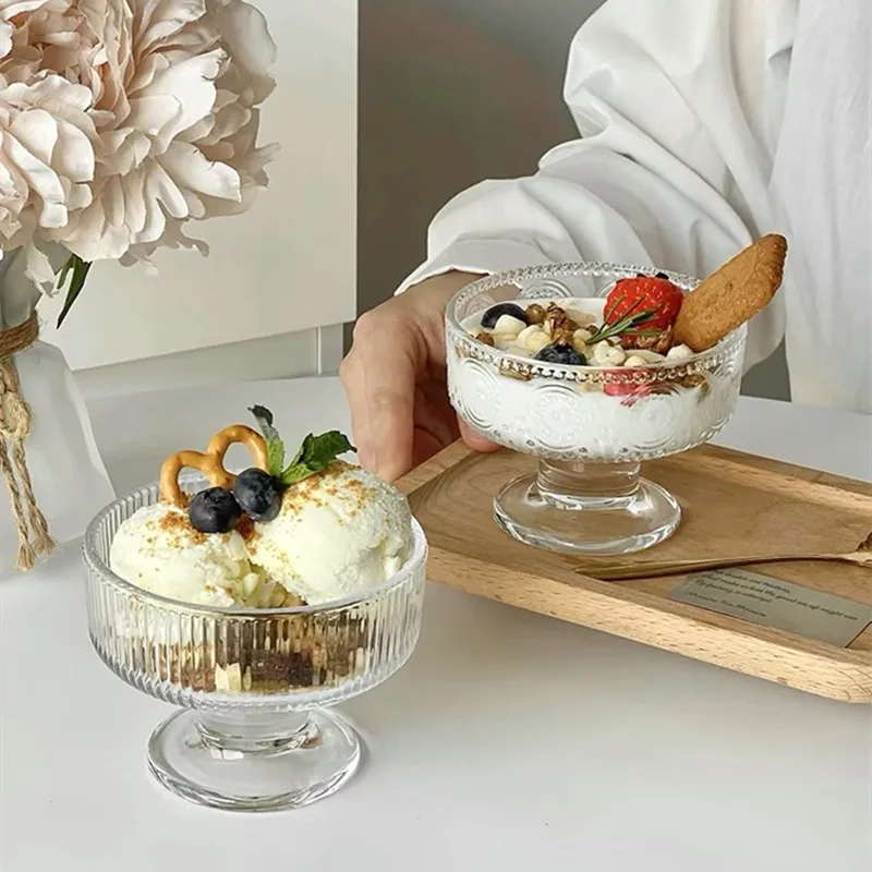 

Home High Beauty Instagram Style Relief Short Footed Ice Cream Dessert Cup Glass Small Bowl Ice Hockey Milkshake Mousse Cup