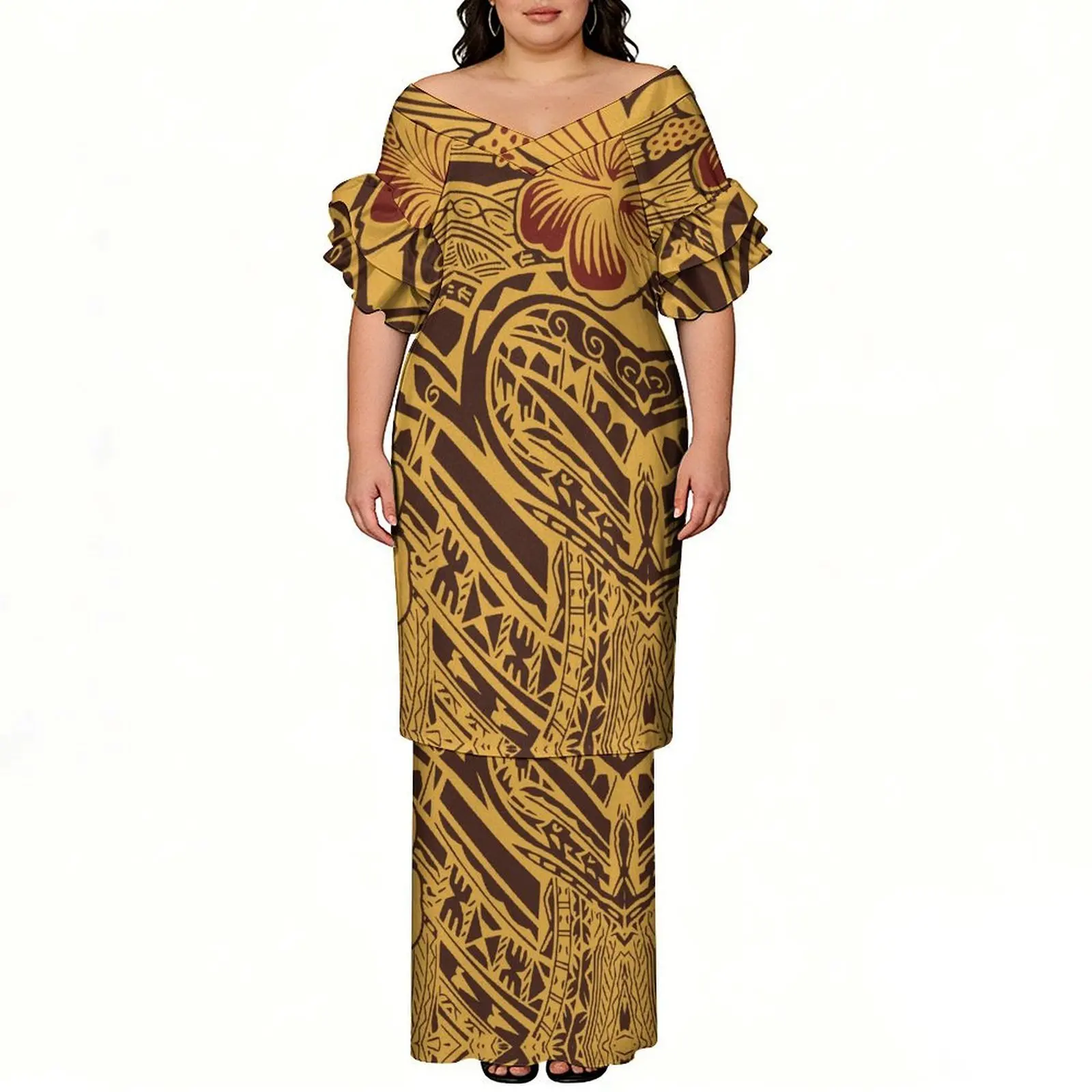 

Short-Sleeved Tops And Long Dresses Polynesia Lotus Sleeves Two-Piece Floor-Length Dress 3d Printed Pattern Puletasi