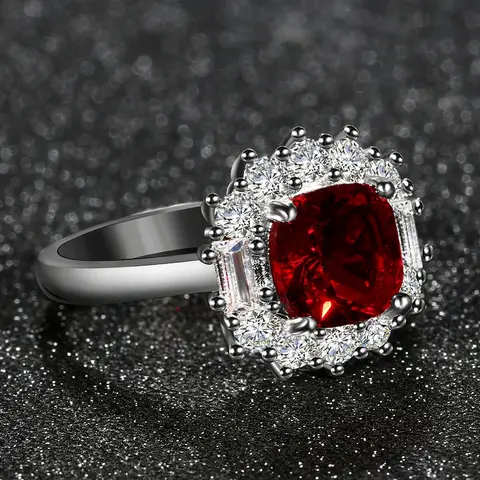 Luxury Ruby Engagement Ring 3CT Cushion Cut Red Gemstone Double Halo Diamond Ring Silver Plated Wedding Band for Women Party Gif
