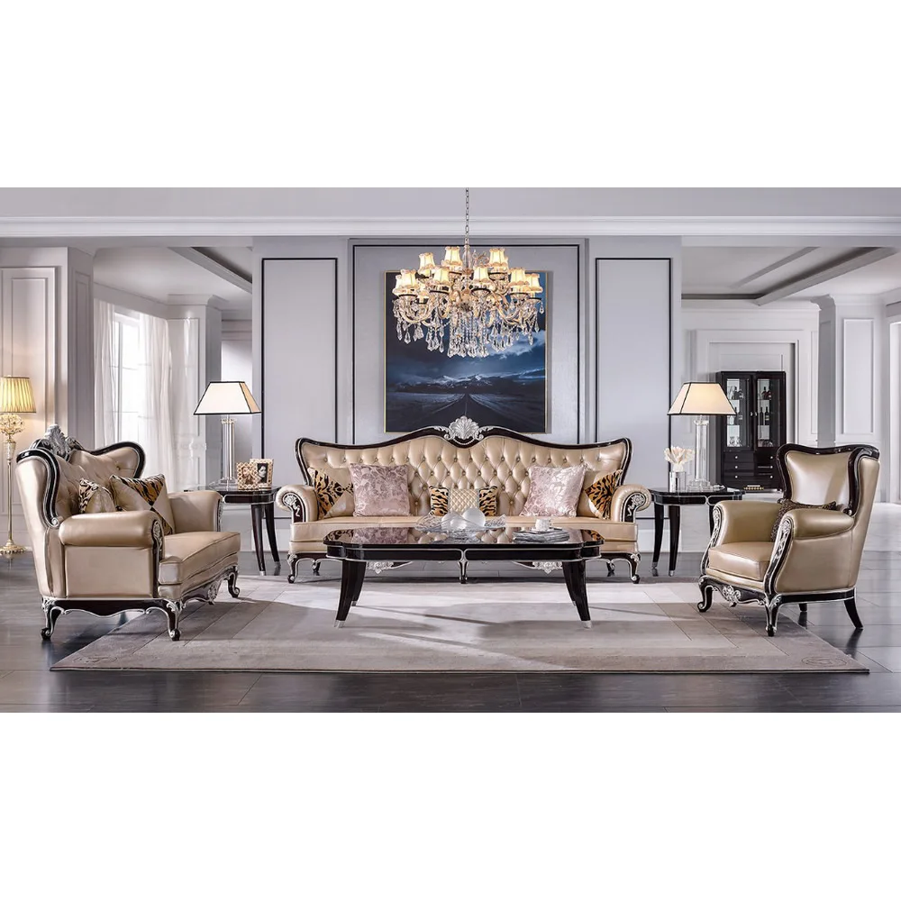 # Juego de Sofás de Cuero Genuino Clásico Europeo de 3 Plazas con 2 Sillones Individuales, Sofá Chesterfield de Lujo con Tapizado, Muebles para Sala de Estar