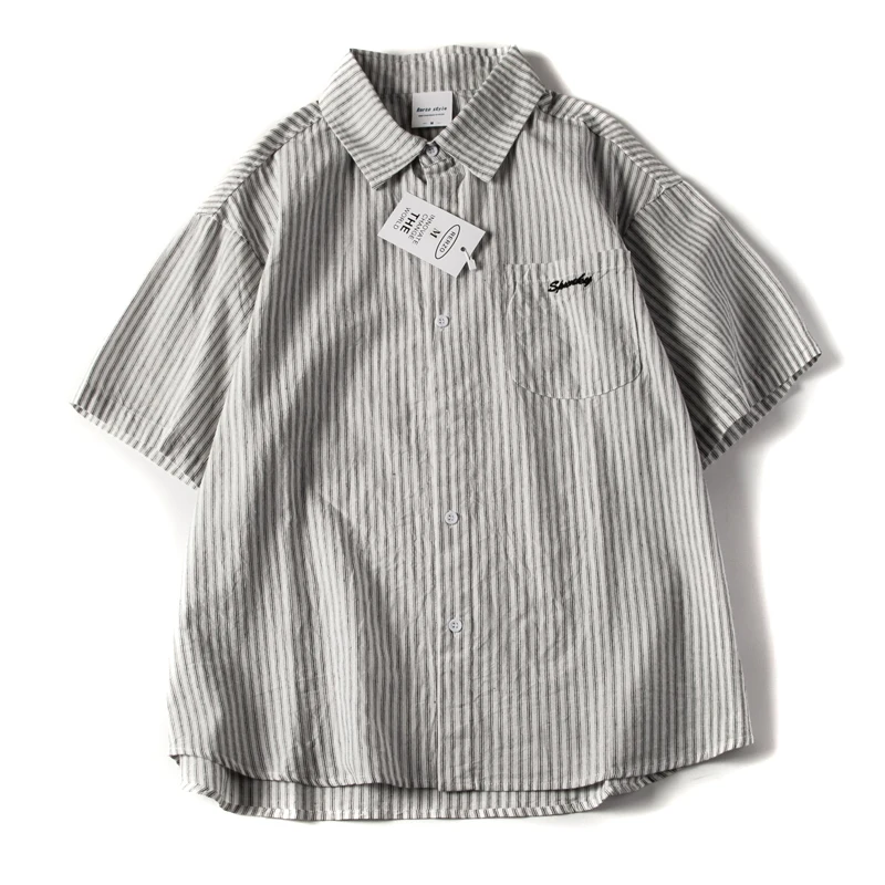 Retro Japanese Embroidered Short Sleeve Men's Striped Shirt Loose Casual Half Sleeve Jacket for Couples Summer Cotton Sweatshirt
