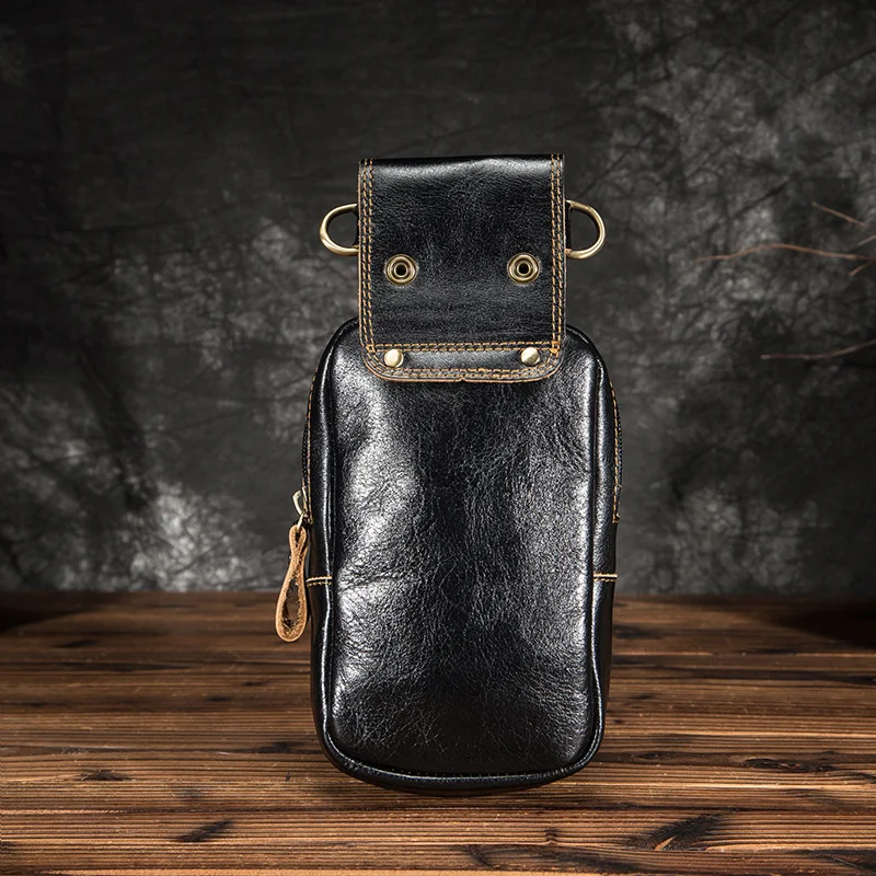 Oil Wax Cowhide Male Cell Phone Cigarette Case Waist Hook CrossBody Bag Hip Bum Belt High Quality Men Genuine Leather Fanny Pack