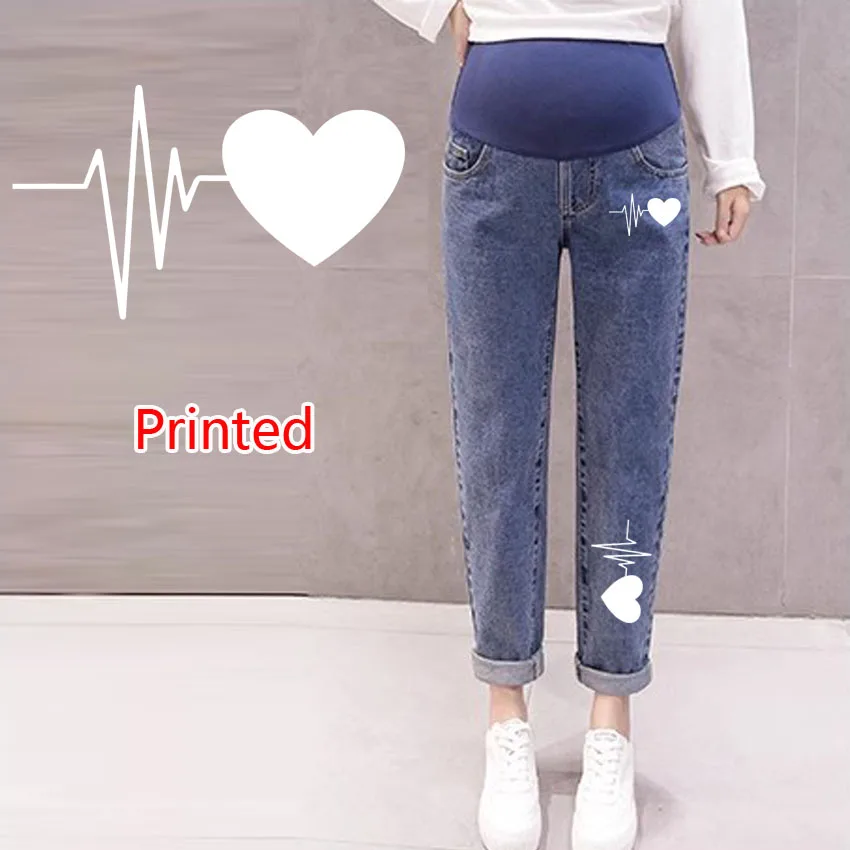 

Maternity Jeans Spring Autumn Fashion Denim LOVE Print Adjustable Belly Wide Leg Pants for Pregnant Women Loose Pregnancy