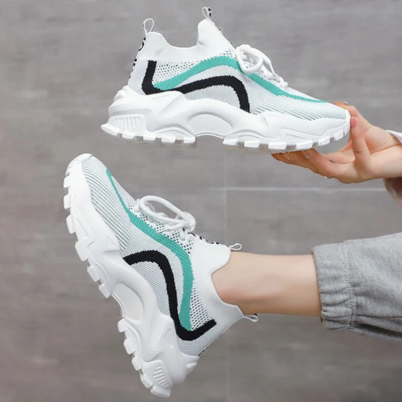 Fashion Mixed Colors Mesh Sports Shoes Women Thick Sole Non Slip Lace Up Chunky Sneakers Summer Comfort Platform Casual Shoes