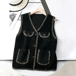 Fall Winter Vest Women Glittery Trim Fuzzy Knit Button Pocket Front Sleeveless Sweater Jacket Coat Luxury Outfit