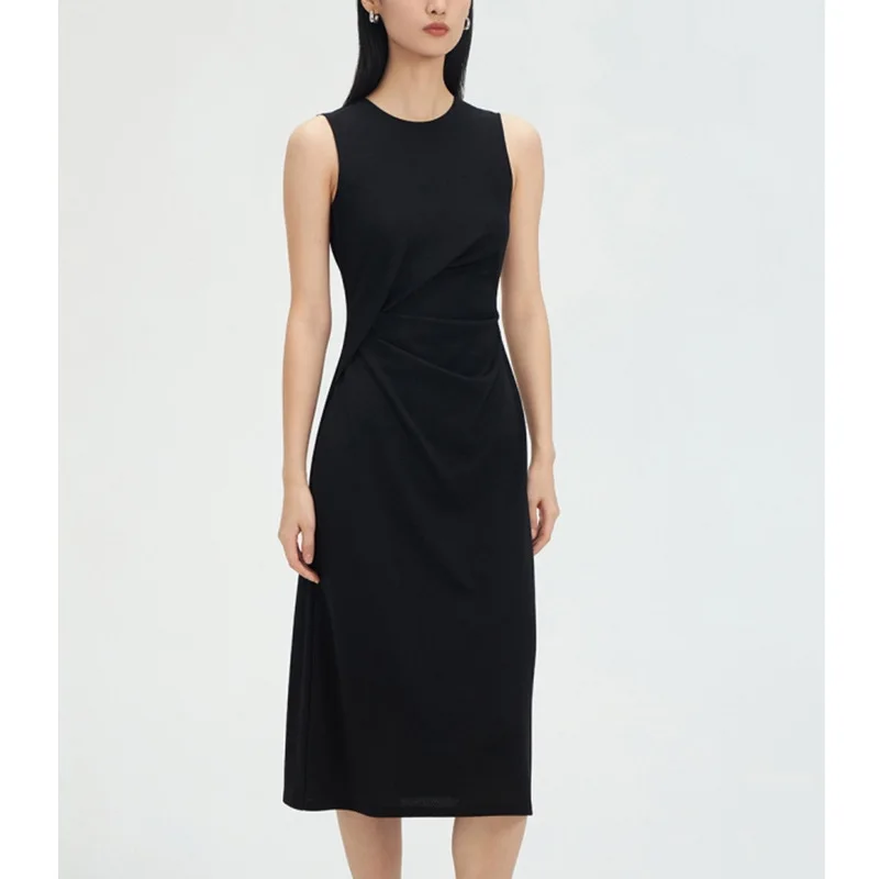 

Solid Black Women O-Neck A-Link Dress Office Lady Sleeveless Dress