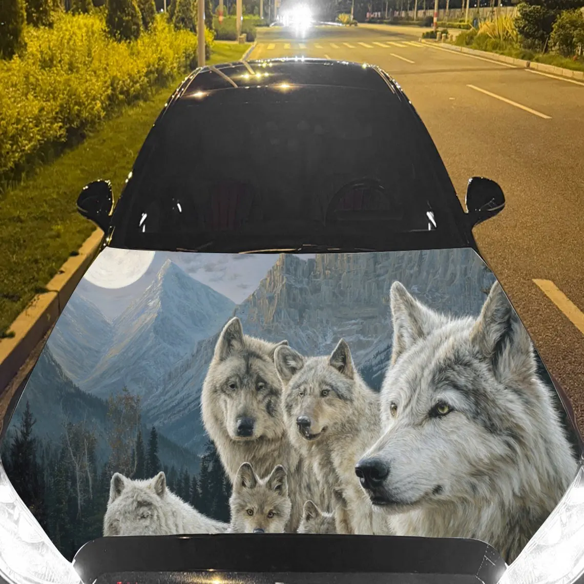 Wolf Pack and Mountain Car Hood Sticker, Waterproof Self-adhesive Vehicle Vinyl Wraps Decal, Trendy Auto Exterior Decoration, An