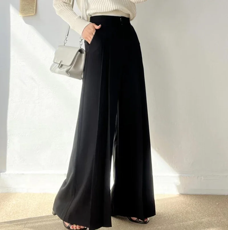 Women Wide Leg Pant Korea Summer High Waist Office Lady Pleated Design Fashion Full Length Black Beige Female OL Trousers Casual