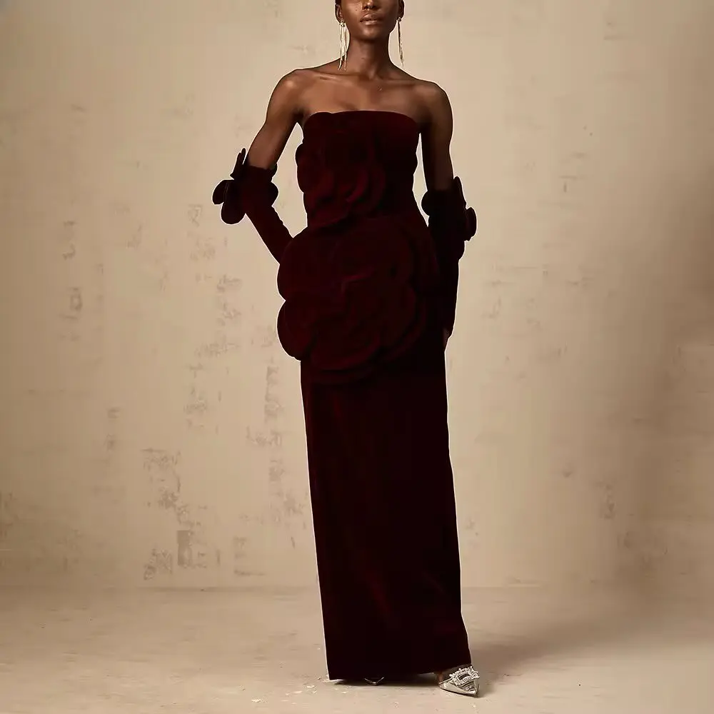 

Customized Graceful Velvet Straight Detachable Sleeve 3D Flowers Evening Dress High Quality Sleeveless Strapless prom dresses