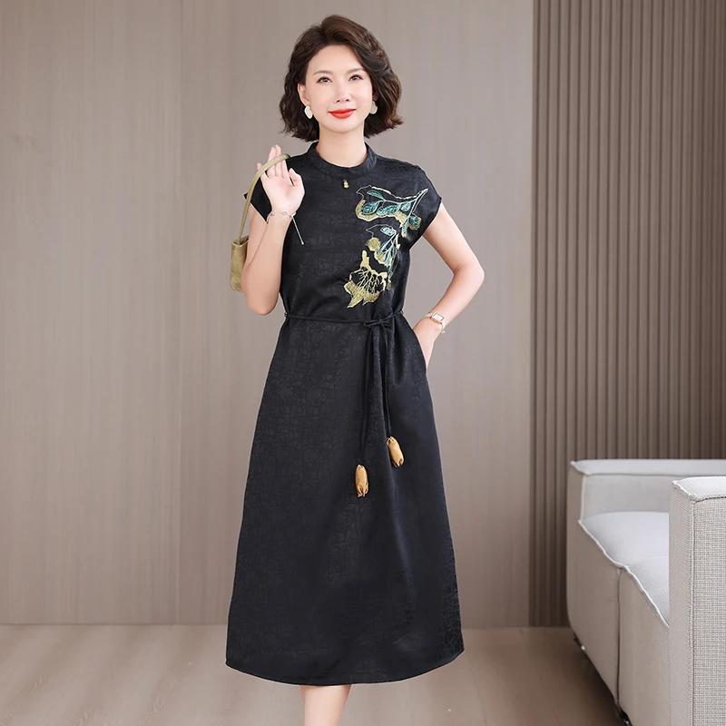 Summer Chinese Style Silk Jacquard Midi Sundress 2025 Women Boho Fashion Casual Embroidery Dress Elegant Luxury Festival Vestido