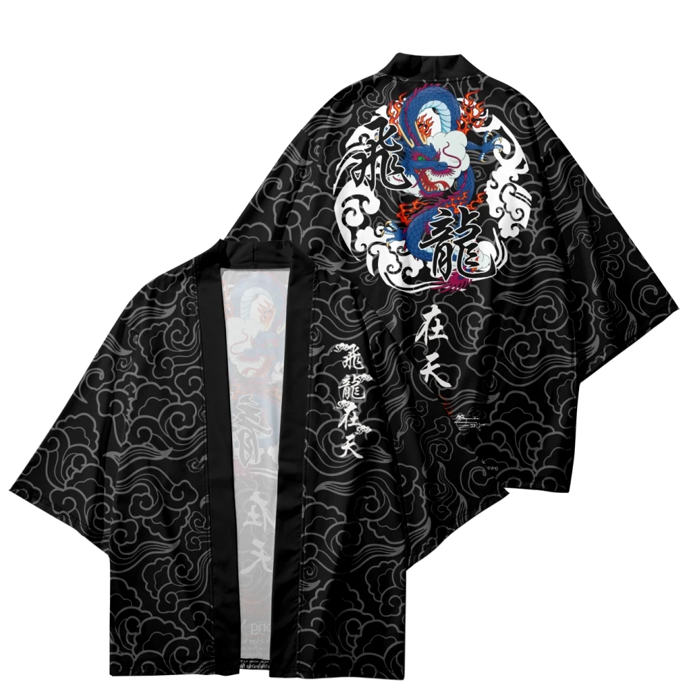 เสื้อคลุมสไตล์ฮาราจูกุลายอนิเมะมังกร ชุดกิโมโนญี่ปุ่นแบบดั้งเดิม เสื้อคลุมสตรีทแวร์สีดำ เสื้อคลุมฮาโอริสำหรับผู้หญิงและผู้ชาย เสื้อยูกาตะ