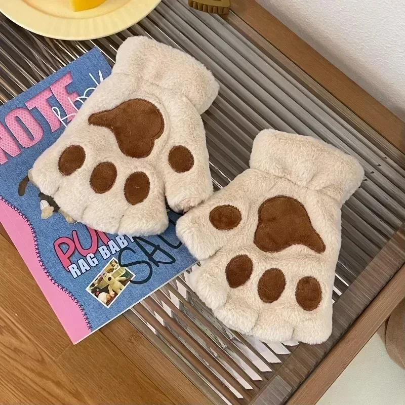 Lovely Plush Cat Claw Paw Gloves Plush Mittens Warm Soft Plush Short Fingerless Fluffy Bear Gloves Costume Half Finger Gloves