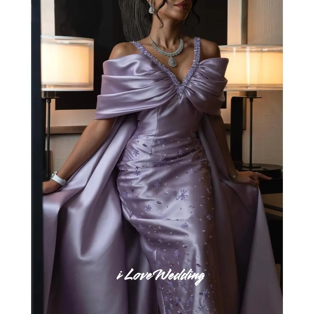 Purple Spaghetti Strap Mermaid Prom Dresses V-neck فساتين سهرات Off the Shoulder Beading Trailing Pleated Customized