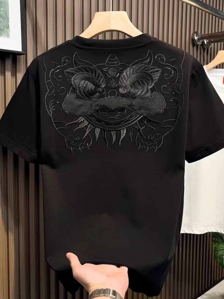 Youth Embroidered Short Sleeve T-Shirt Pure Cotton Casual Summer Base Shirt Men's 2025 Fashion Breathable round Neck Tee