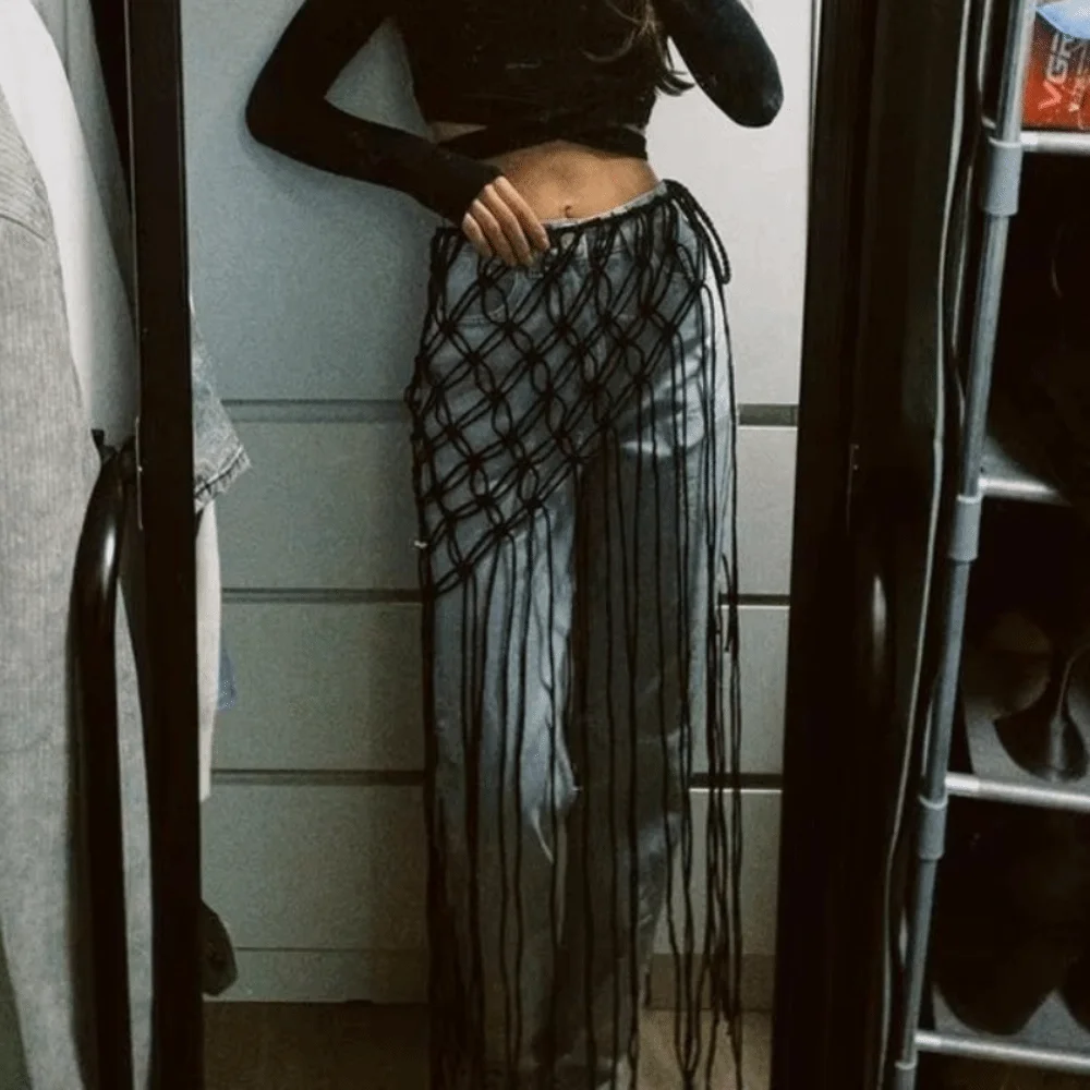 Bohemian Netted Fringe Waistband Decorative Tassel Ethnic Design Handwoven Bikini Cover Up Fringed Waist Belt