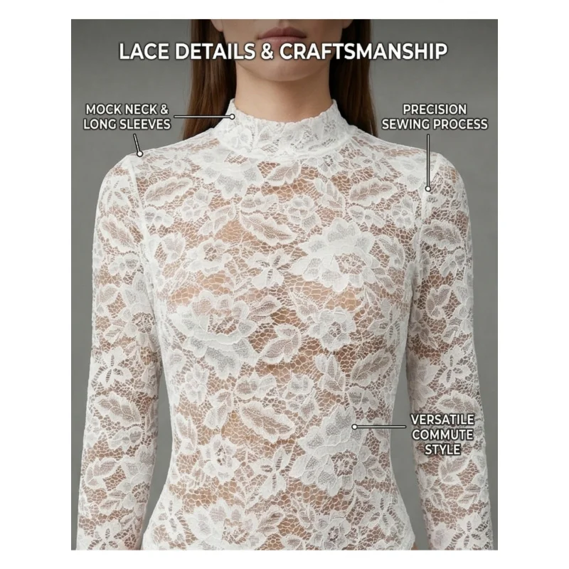 Sheer Lace Bodysuit with High Neck And Fitted Long Sleeves, Floral Pattern Panels, Curve Shaping Fit, Breathable Lightweight