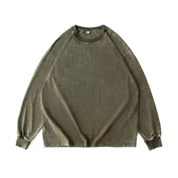 Long Sleeve Retro Tops Tees Men Oversized Vintage T-Shirts Soild Cotton Shirts Casual Classic T Shirt Male Clothes Streetwear