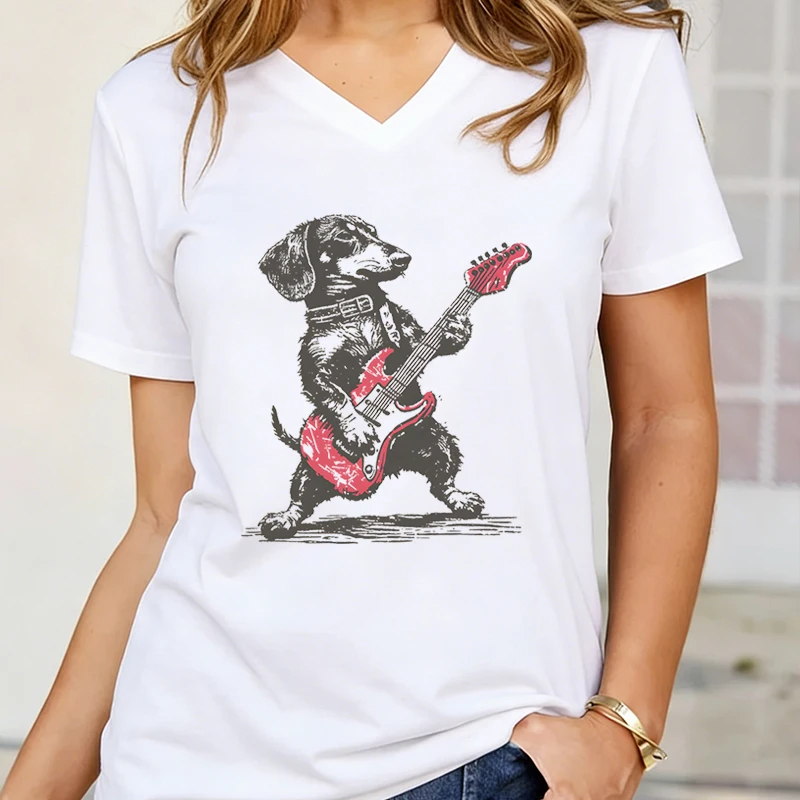 Vintage Dachshund Playing Guitar T-Shirt Women Funny Wiener Dog Rocker Tee Top Dog Lover Gift Fashion Short Sleeve V-neck Tee