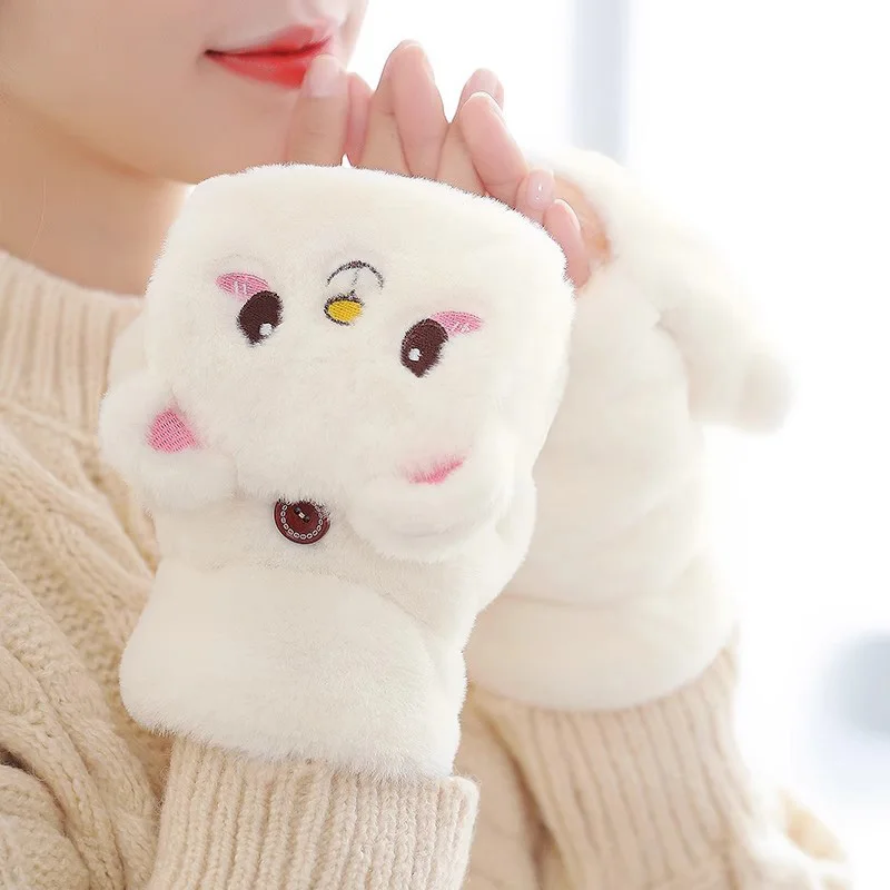 Winter Women Plush Warm Glove Fur Lovely Rabbit Cat Mittens Flip Fingerless Gloves Soft Girls Thick Gloves Flexible Half Finger