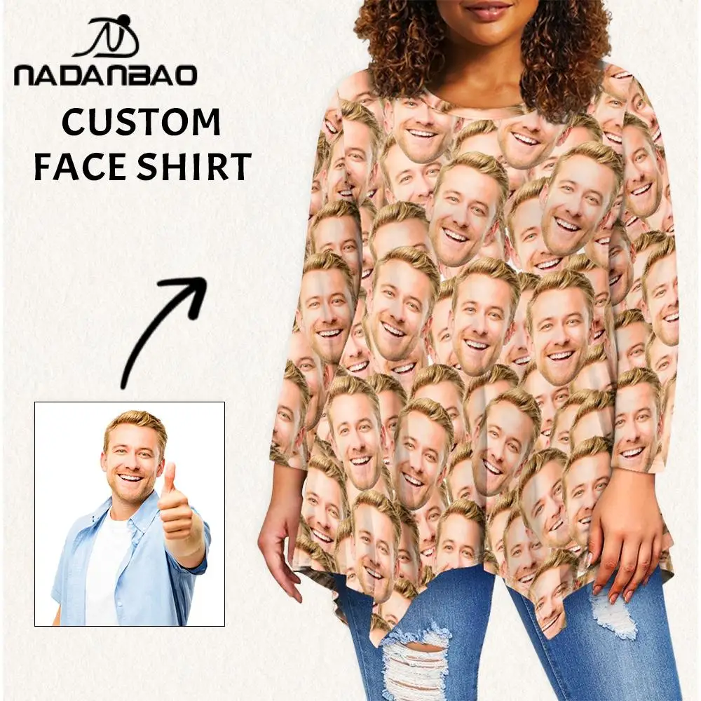 

Your Image Customized Women's Irregular Long Sleeve Face Tops Custom Your Own Logo or Text Shirt DIY Your Themed Tee Shirts